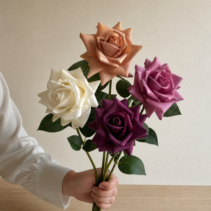 Faux Rose Stems Set of 5 – Real Touch Silk, Bridal Bouquet, Home Floral Decor