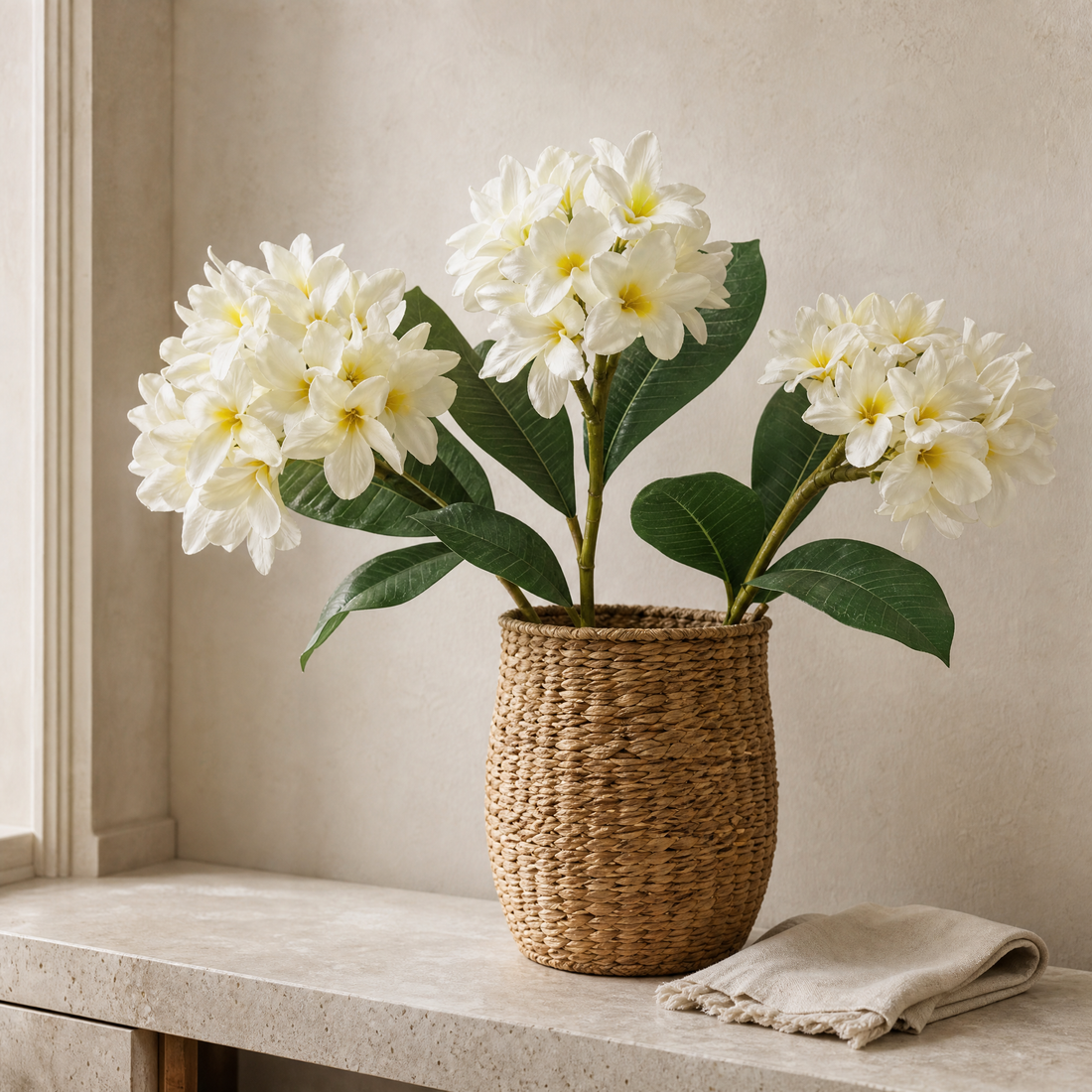 Artificial Plumeria Branch – Silk Frangipani White Flower Stem Faux Floral Decor