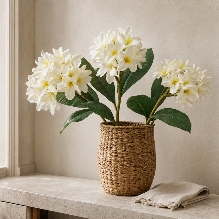 Artificial Plumeria Branch – Silk Frangipani White Flower Stem Faux Floral Decor