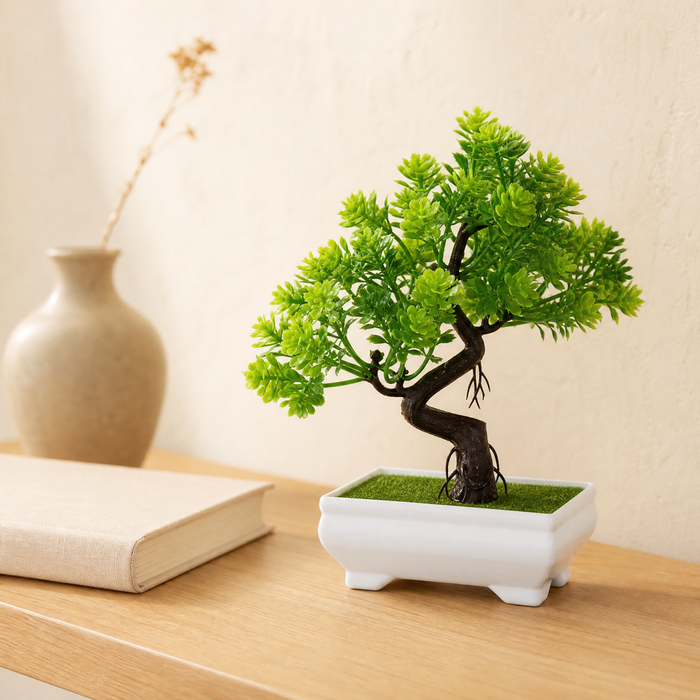 Artificial Bonsai Tree in White Pot – Faux Plant Desk Decor for Home and Office
