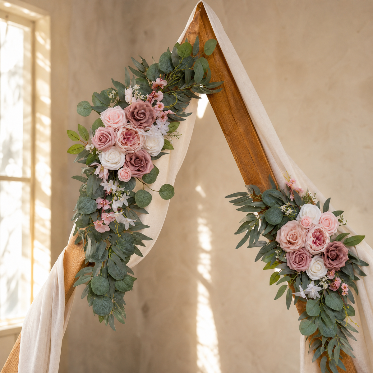 Faux Rose Arch Swag Set – Dusty Pink Silk Flowers Wedding Arch Decor Eucalyptus