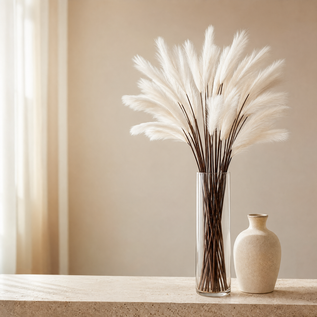 Silk Reed Stems Faux Pampas Bunch – Home Decor Wedding Vase Arrangement 80cm
