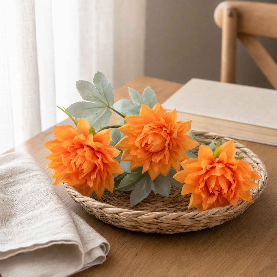 Artificial Dahlia Stem 3 Heads – Faux Silk Flower for Vase Wedding Home Decor