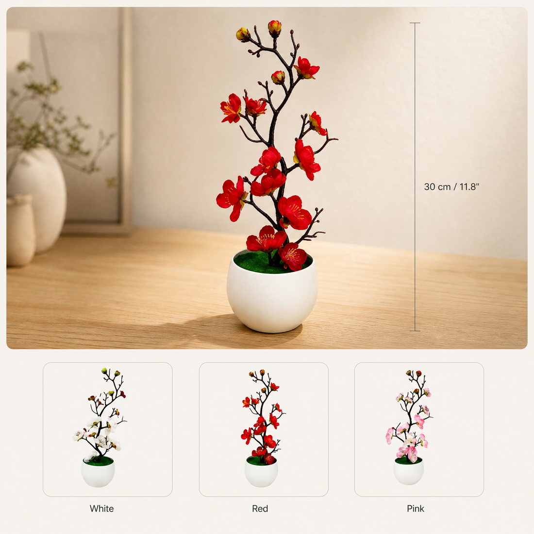 Faux Plum Blossom Bonsai – Silk Flower Potted Tree, Desk Decor, Home or Wedding
