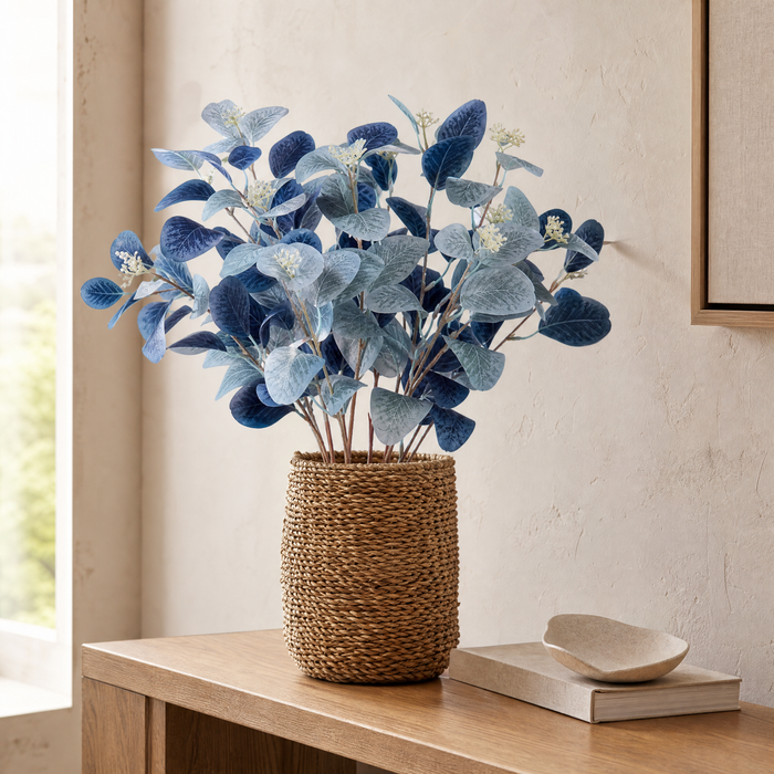 Faux Eucalyptus Stems – Blue Artificial Greenery Spray for Vase and Home Decor