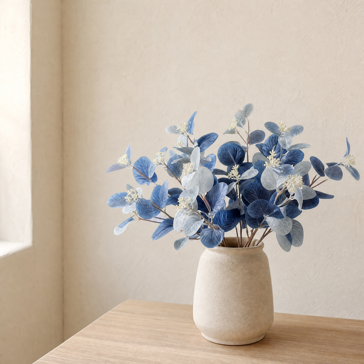 Faux Eucalyptus Stems – Blue Artificial Greenery Spray for Vase and Home Decor