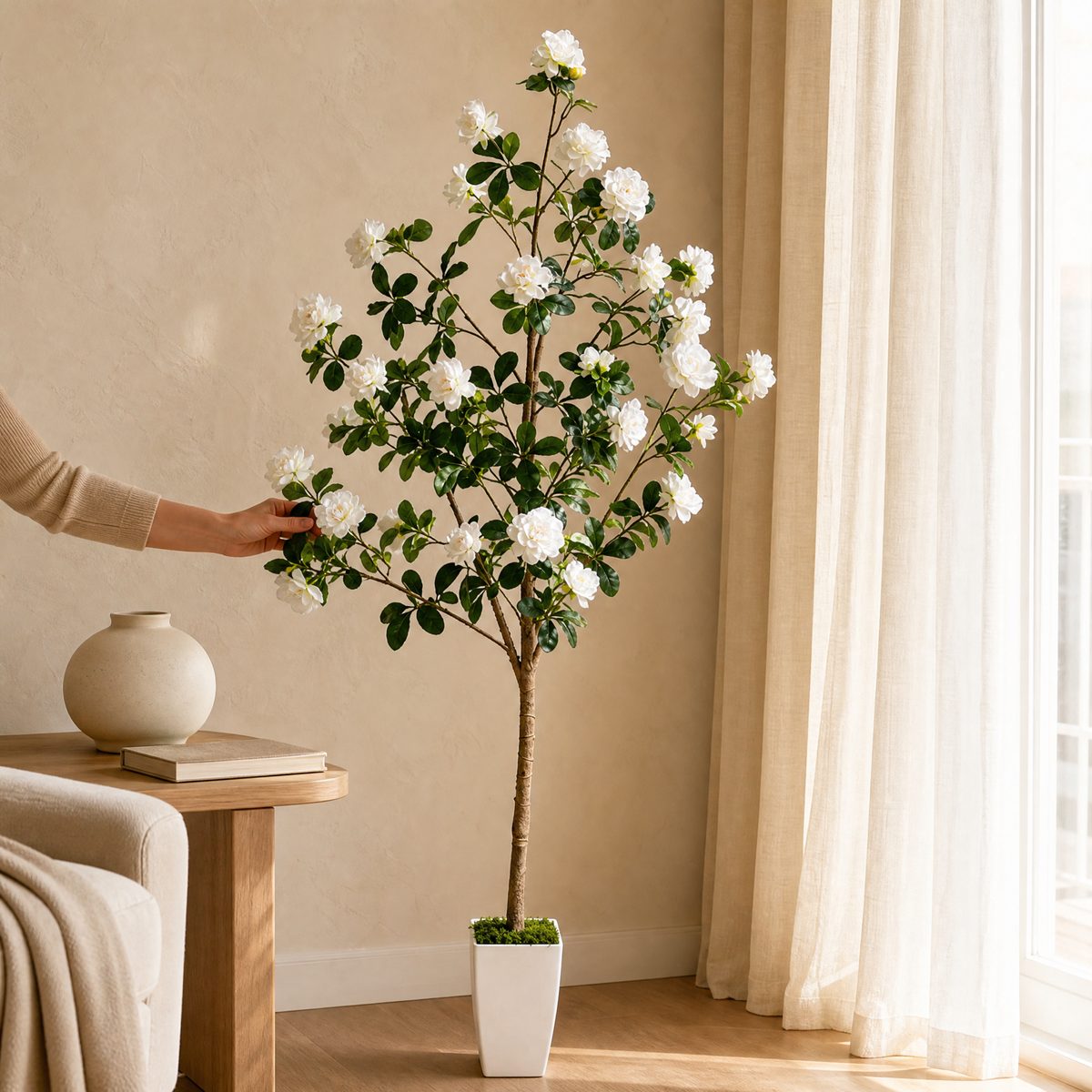 Artificial Peony Tree with Pot – White Faux Flower Tree Indoor Living Room Decor