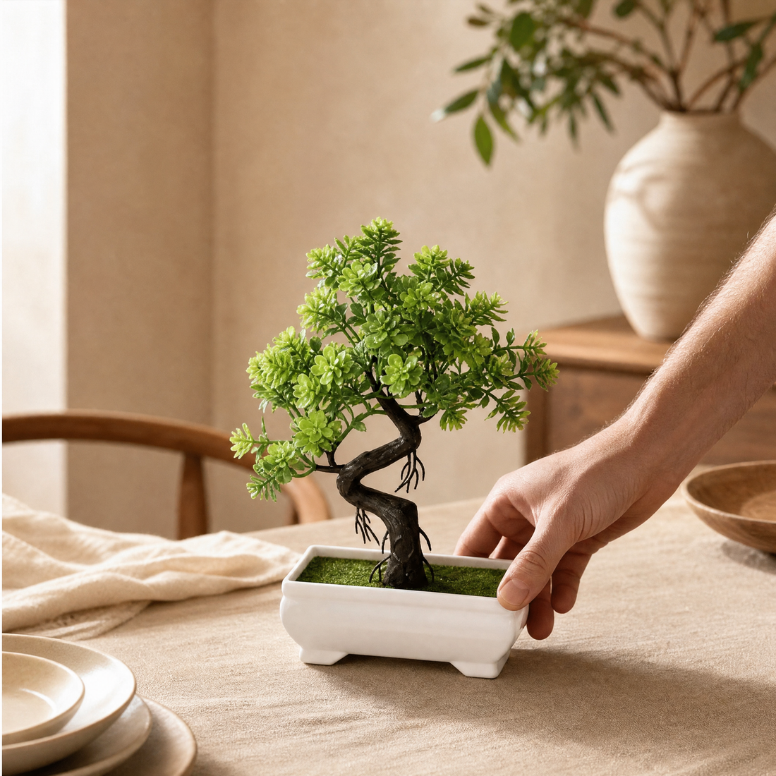 Artificial Bonsai Tree in White Pot – Faux Plant Desk Decor for Home and Office