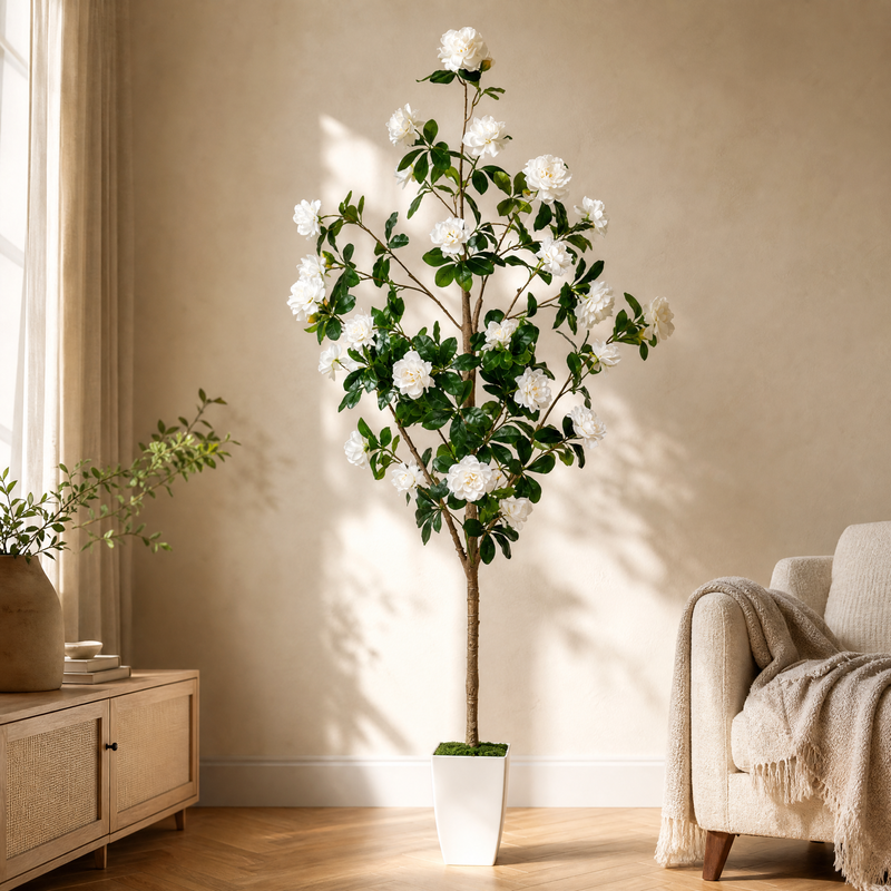 Artificial Peony Tree with Pot – White Faux Flower Tree Indoor Living Room Decor