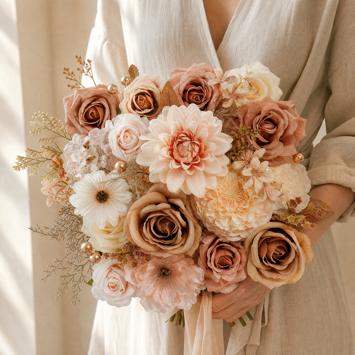 Silk Flower Box Set – Dusty Rose Blush Dahlia Roses for Bridal Bouquet and Home Decor