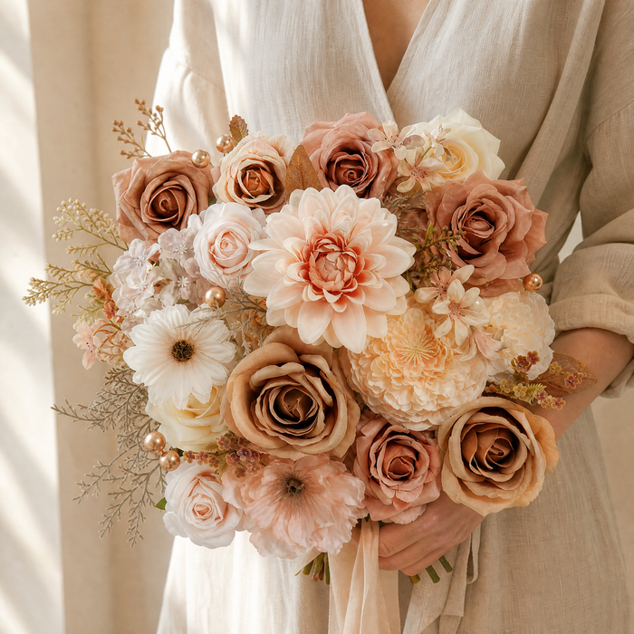 Silk Flower Box Set – Dusty Rose Blush Dahlia Roses for Bridal Bouquet and Home Decor