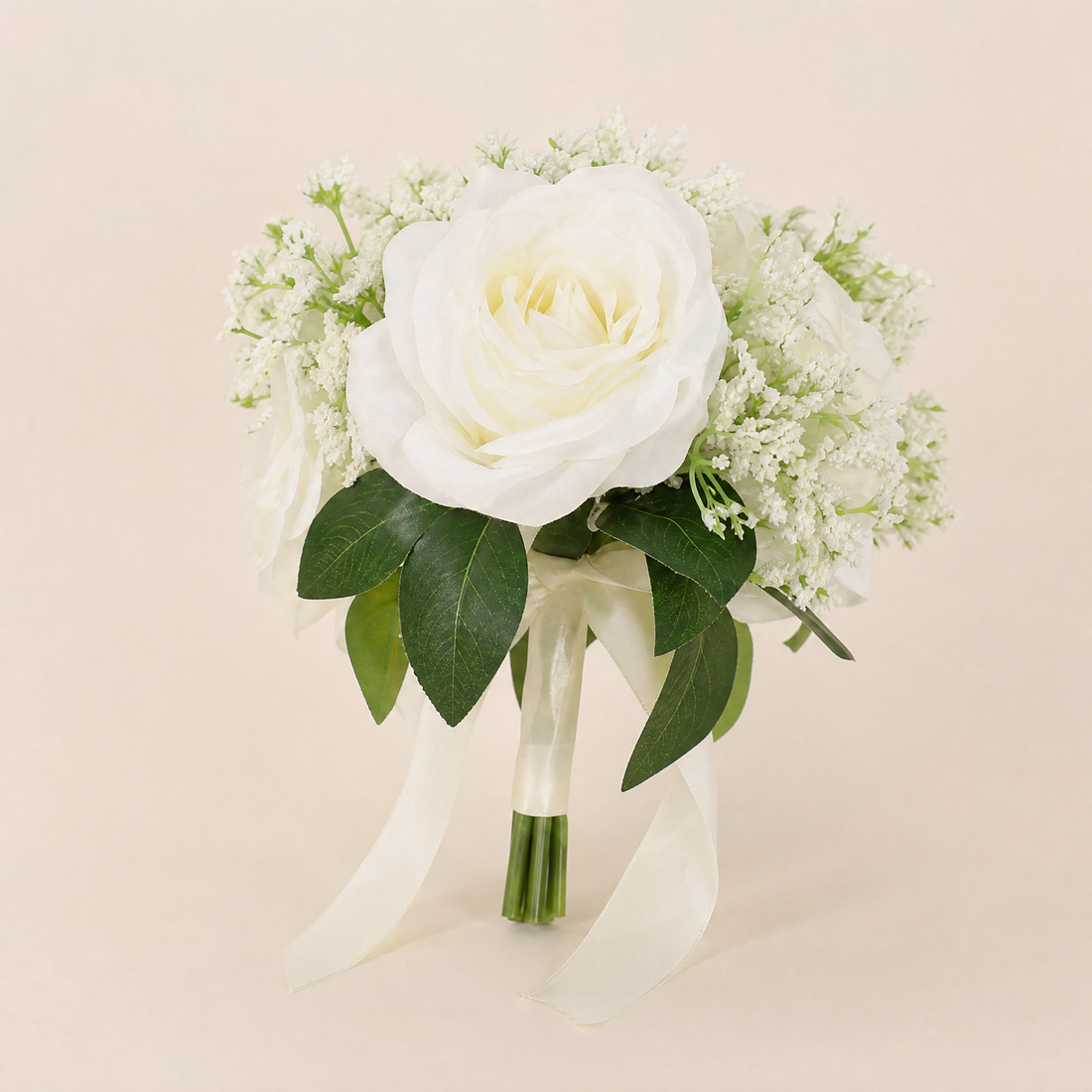 Faux Rose Bouquet with Gypsophila – Silk Wedding Flowers Home Table Decor