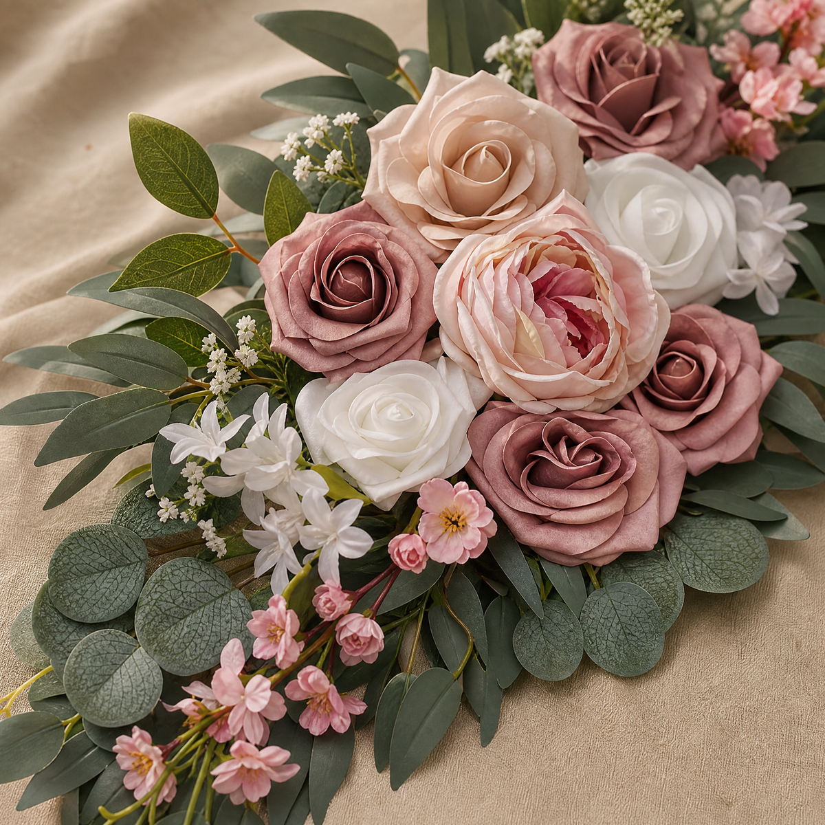Faux Rose Arch Swag Set – Dusty Pink Silk Flowers Wedding Arch Decor Eucalyptus