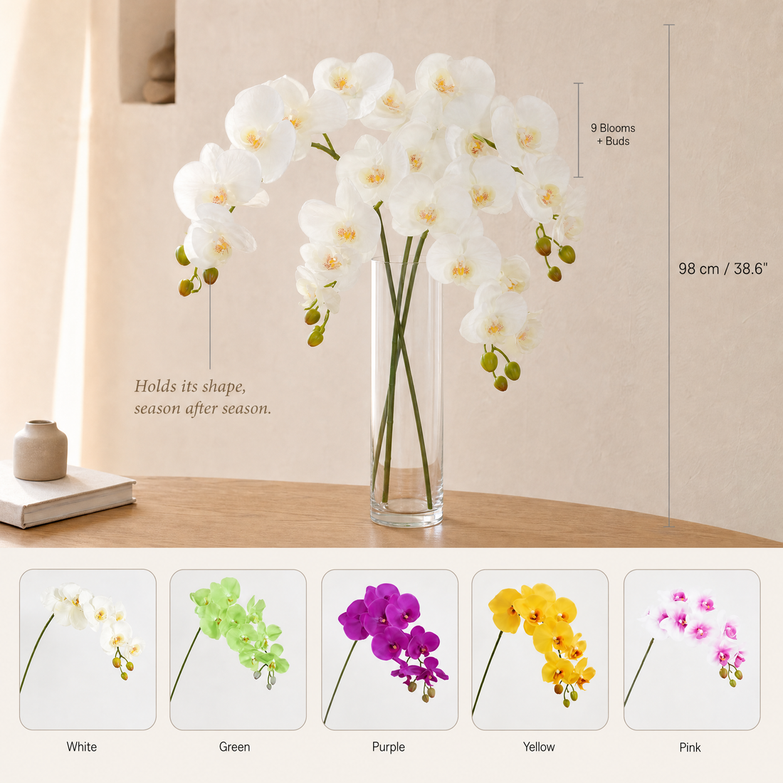 Artificial Orchid Stem – 9 Heads 98cm Faux Phalaenopsis for Home Wedding Decor
