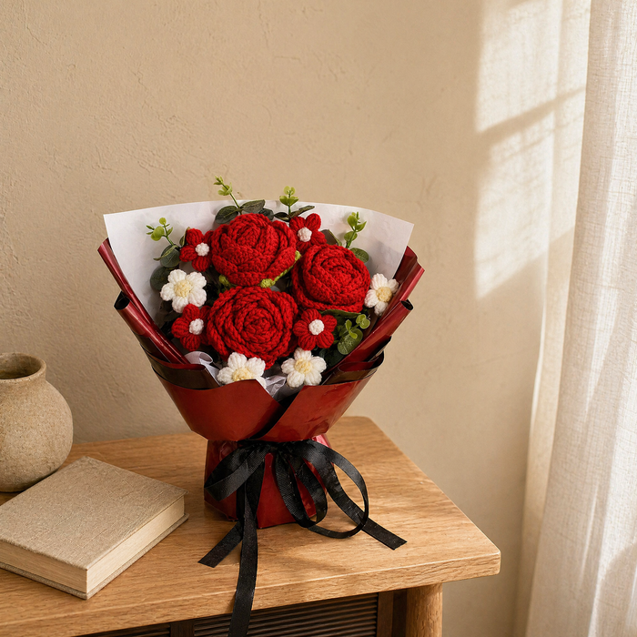 Red Crochet Flower Bouquet – Handmade Knit Roses, Lasting Gift for Valentine's Day