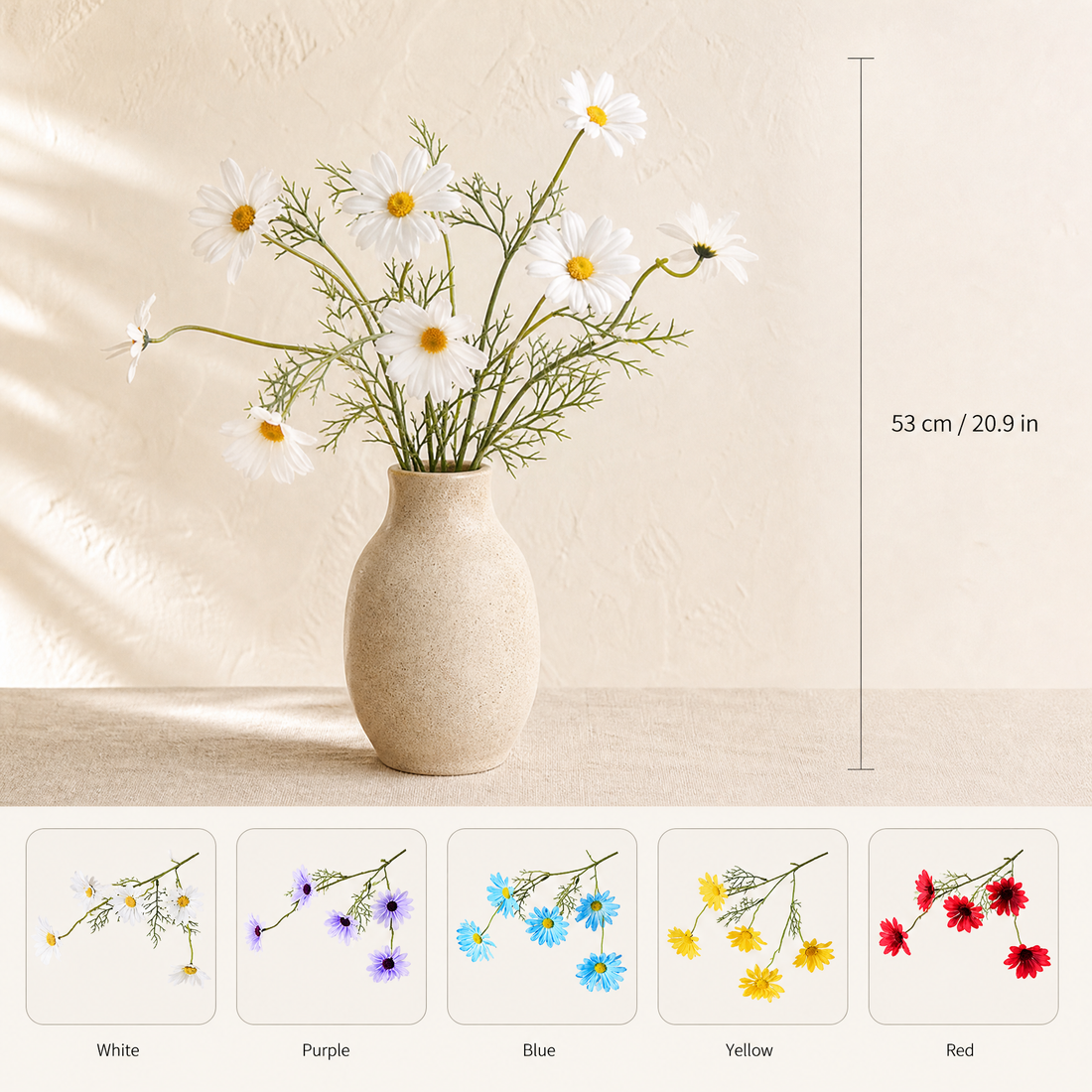 Silk Daisy Stem Faux Flower – 5 Head Cosmos Branch for Home Decor and Bouquets