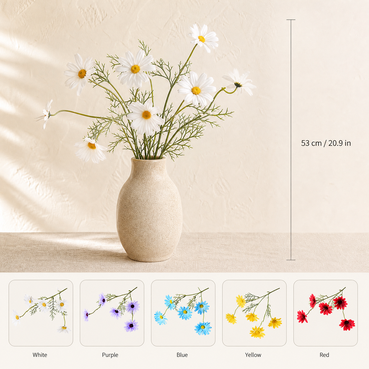Silk Daisy Stem Faux Flower – 5 Head Cosmos Branch for Home Decor and Bouquets