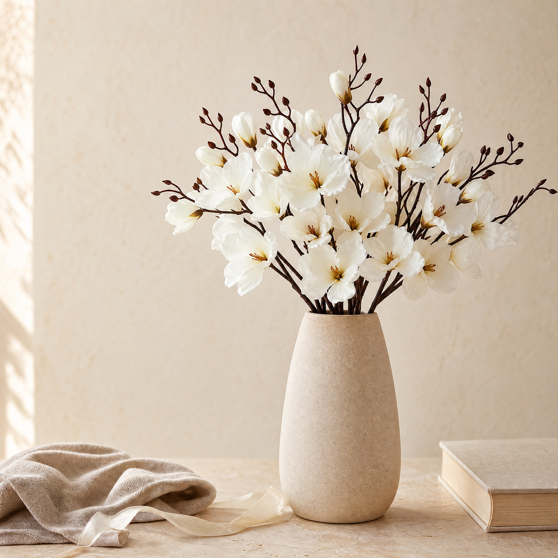 Faux Magnolia Stem Bouquet – 20 Head Silk Flower Arrangement Wedding Table Decor
