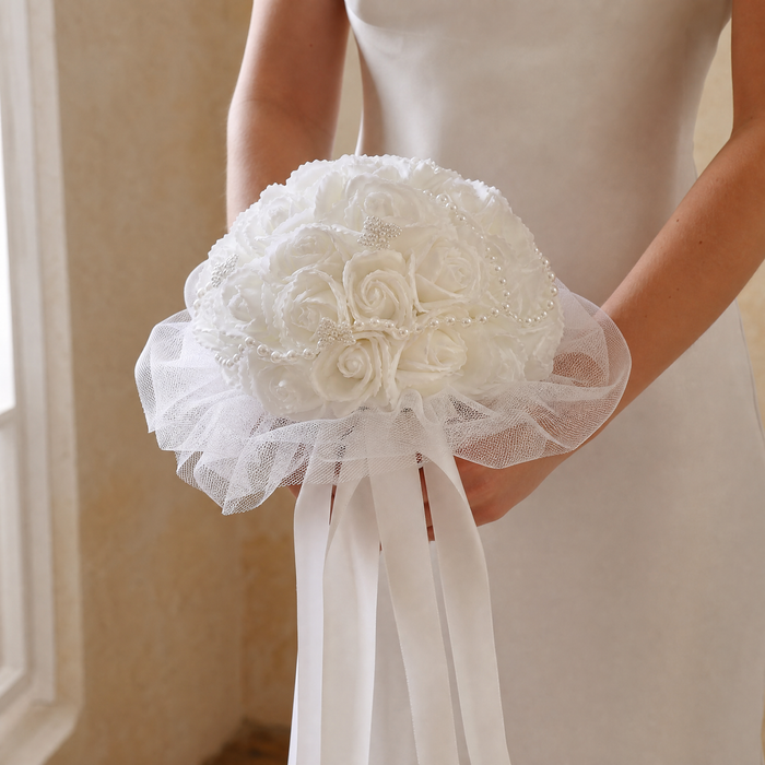 Faux Rose Bridal Bouquet – Pearl Detail Tulle Wrap White Wedding Flowers Bride