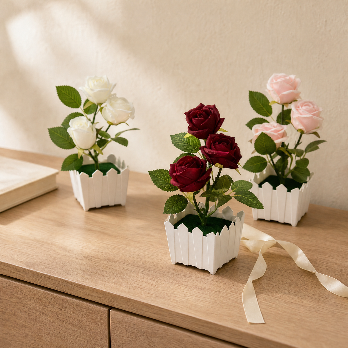 Faux Rose Bonsai in White Pot – Silk Flower Arrangement for Home and Desk Decor