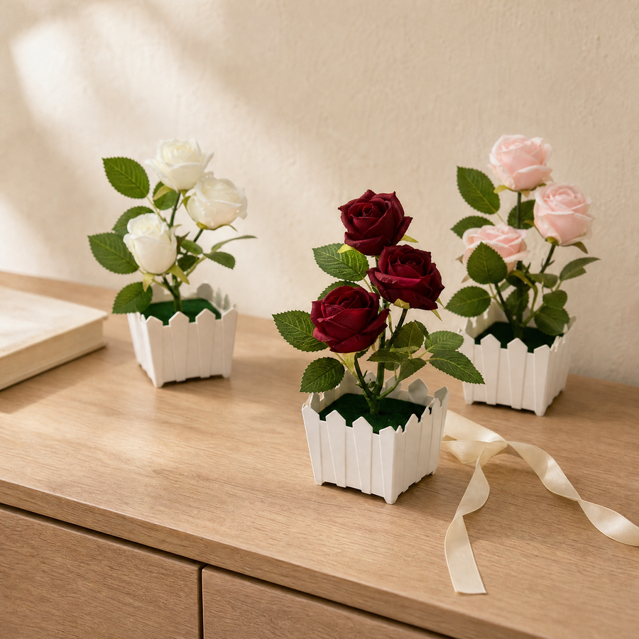 Faux Rose Bonsai in White Pot – Silk Flower Arrangement for Home and Desk Decor