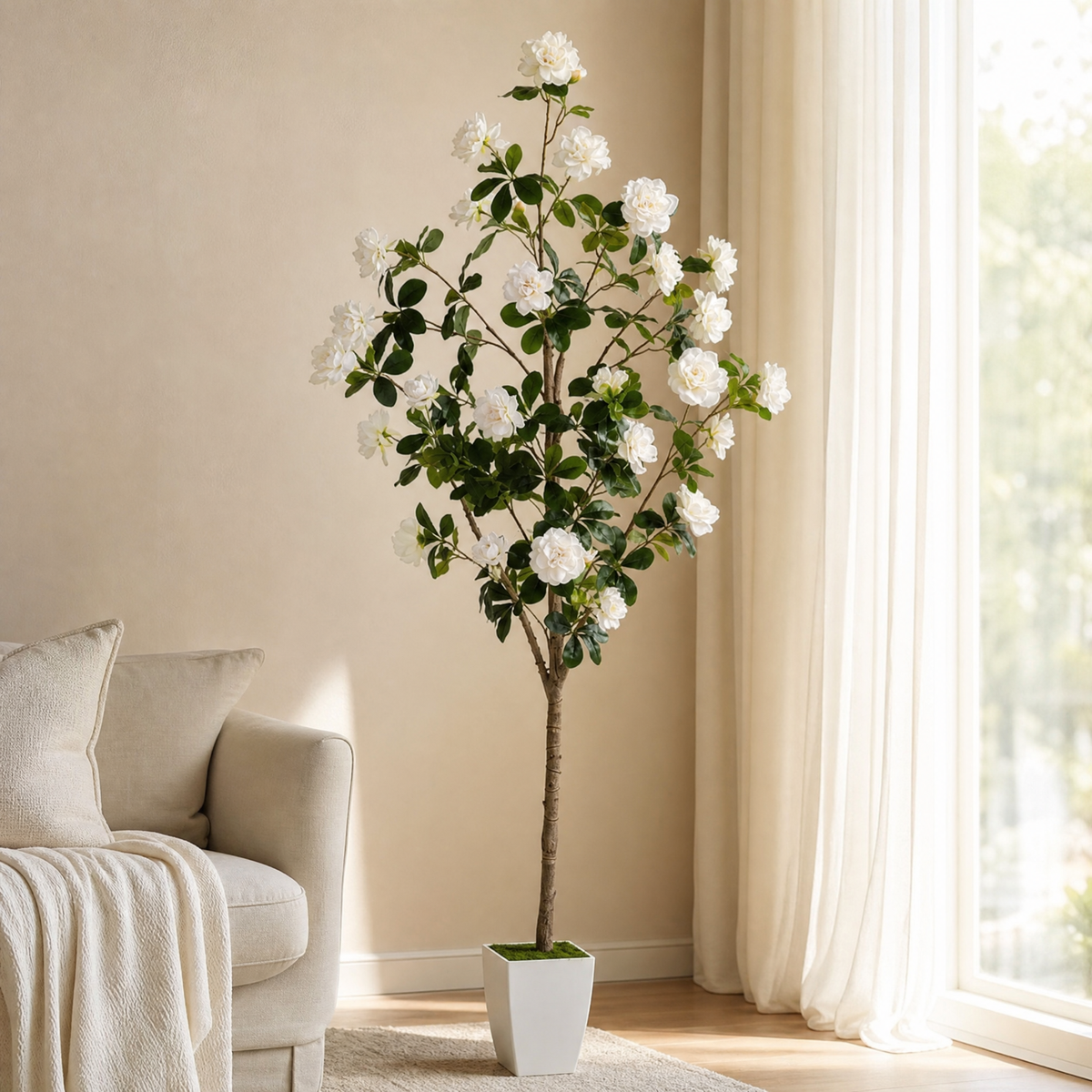 Artificial Peony Tree with Pot – White Faux Flower Tree Indoor Living Room Decor