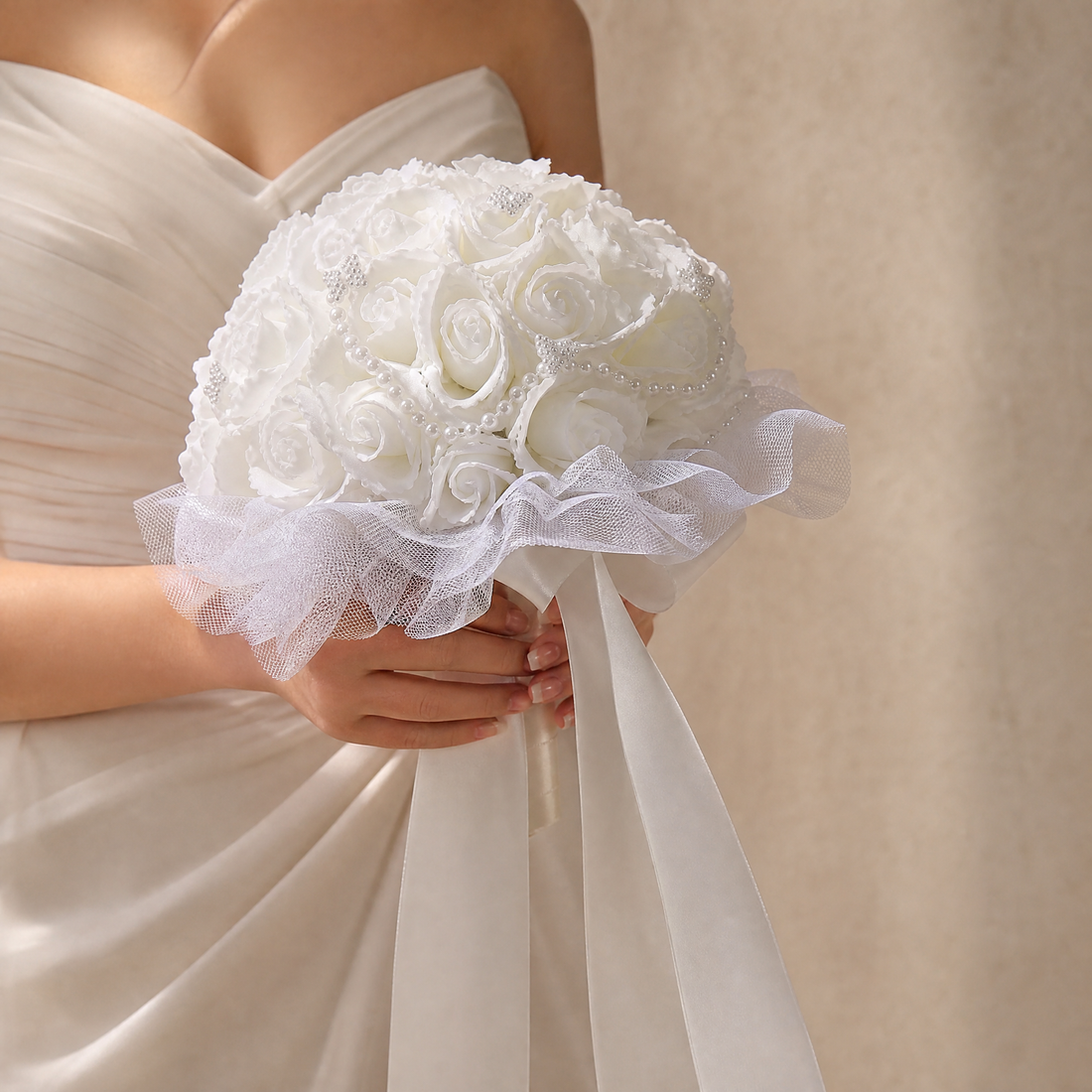 Faux Rose Bridal Bouquet – Pearl Detail Tulle Wrap White Wedding Flowers Bride