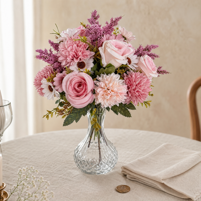 Faux Pink Rose Dahlia Daisy Bouquet – Artificial Flowers for Wedding and Home Decor