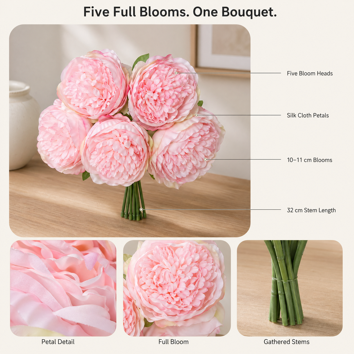 Artificial Peony Bouquet 5 Stems – Silk Faux Flowers Wedding Bridal Home Decor