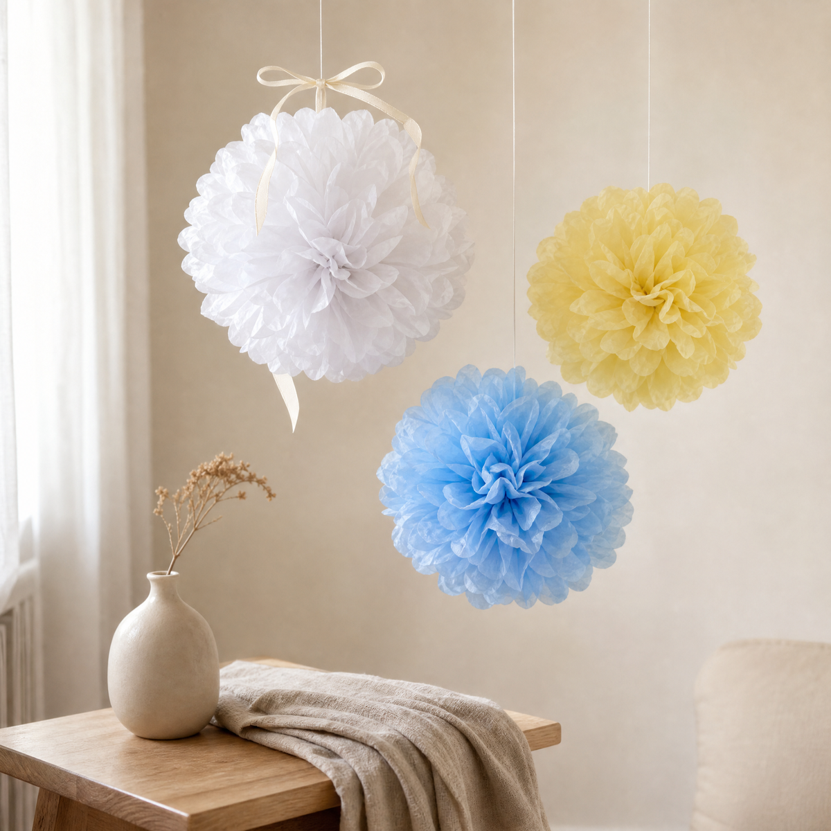 Paper Pom Poms 5 Pack – 4 to 12 Inch Wedding Birthday Party Hanging Decor