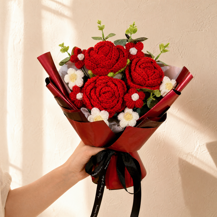 Red Crochet Flower Bouquet – Handmade Knit Roses, Lasting Gift for Valentine's Day