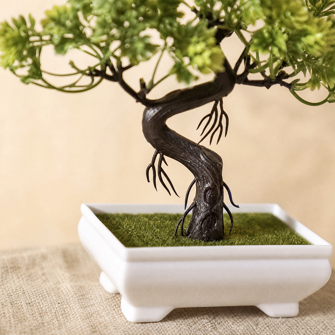 Artificial Bonsai Tree in White Pot – Faux Plant Desk Decor for Home and Office