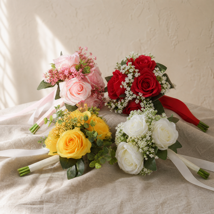Faux Rose Bouquet with Gypsophila – Silk Wedding Flowers Home Table Decor