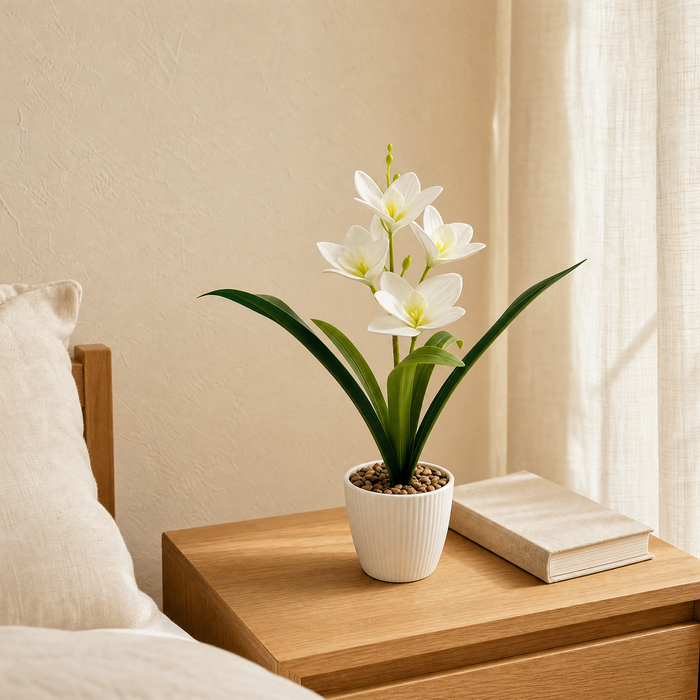 Faux Orchid in Stone Pot – Silk Bloom for Home, Study or Living Room Decor