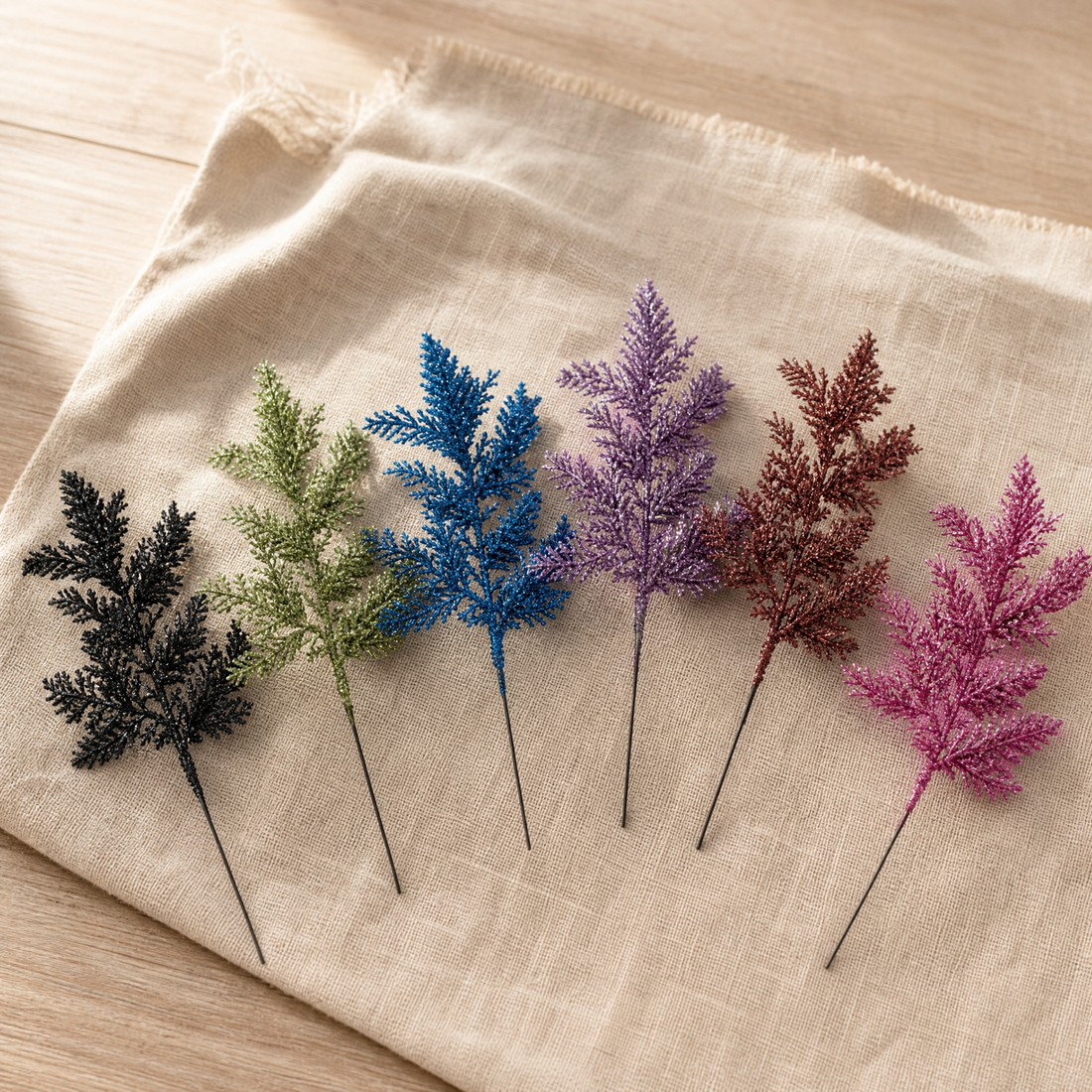 Faux Glitter Pine Branch Picks – Christmas Tree Wreath Stems Holiday Decoration