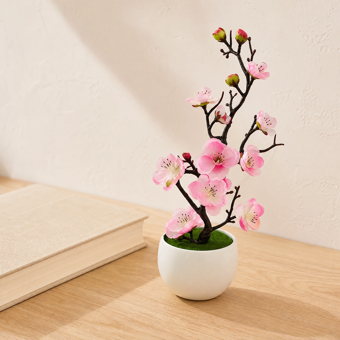 Faux Plum Blossom Bonsai – Silk Flower Potted Tree, Desk Decor, Home or Wedding