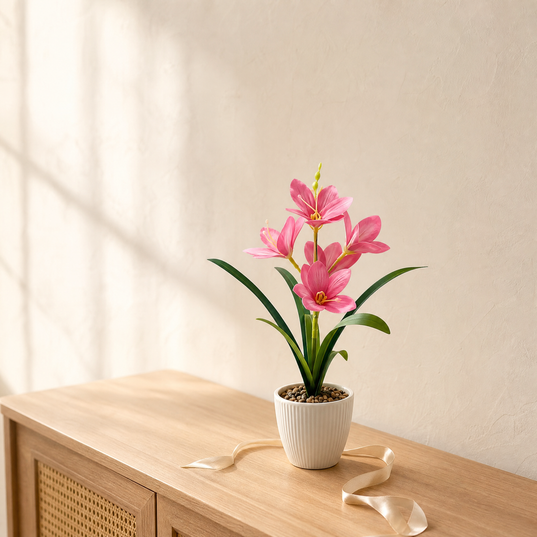 Faux Orchid in Stone Pot – Silk Bloom for Home, Study or Living Room Decor