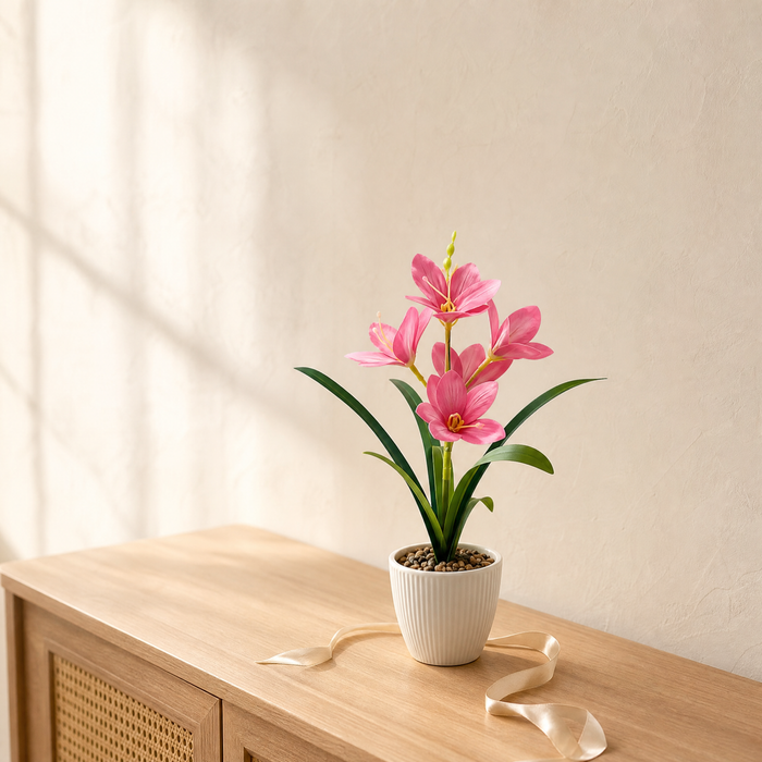 Faux Orchid in Stone Pot – Silk Bloom for Home, Study or Living Room Decor