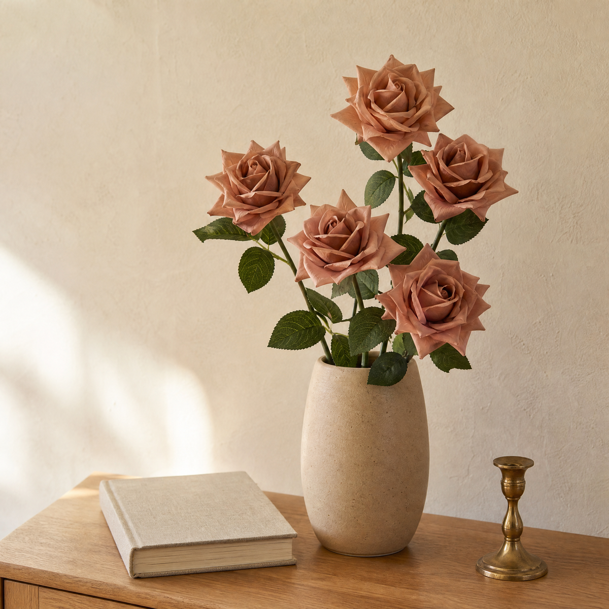 Faux Rose Stems Set of 5 – Real Touch Silk, Bridal Bouquet, Home Floral Decor