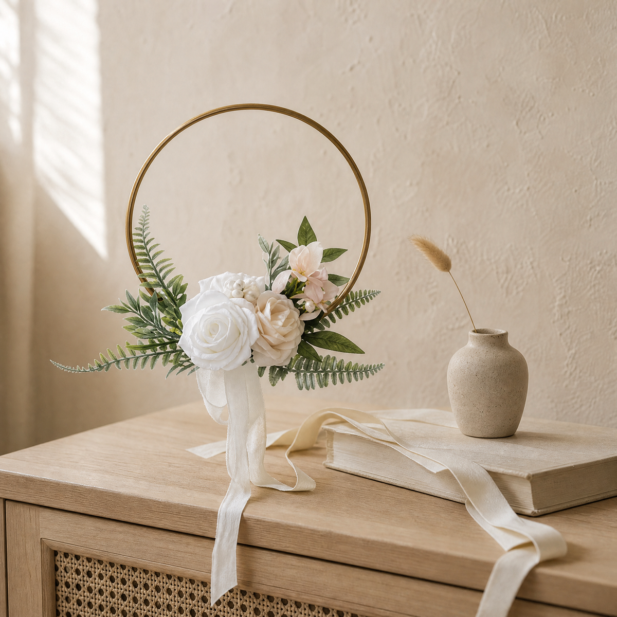 Gold Hoop Bouquet – Faux Rose Bridesmaid Floral Ring Wedding Ceremony Decor