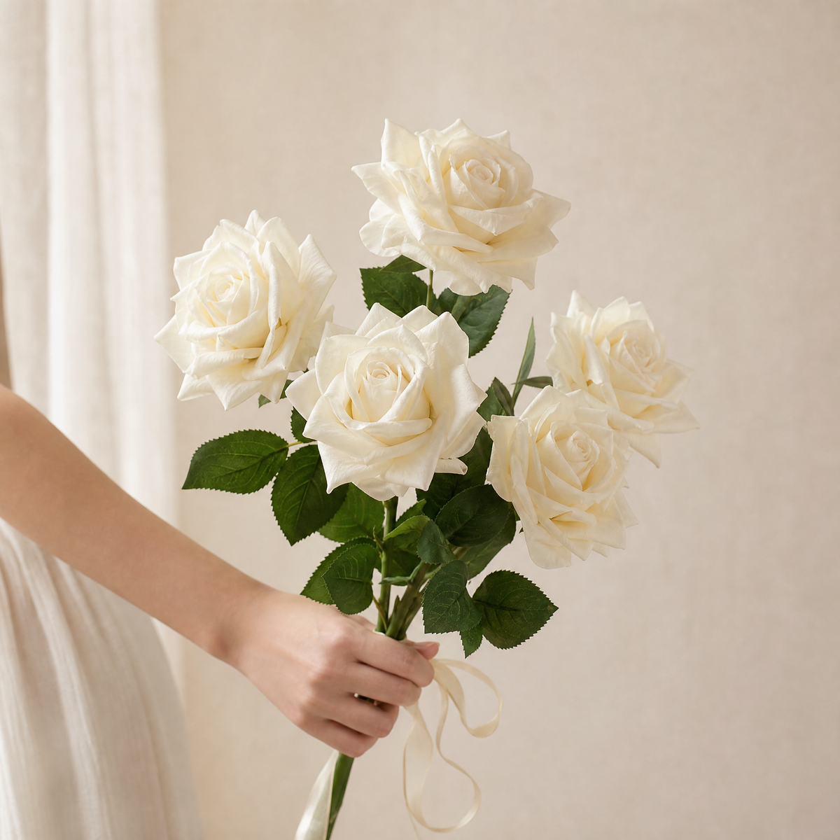 Faux Rose Stems Set of 5 – Real Touch Silk, Bridal Bouquet, Home Floral Decor