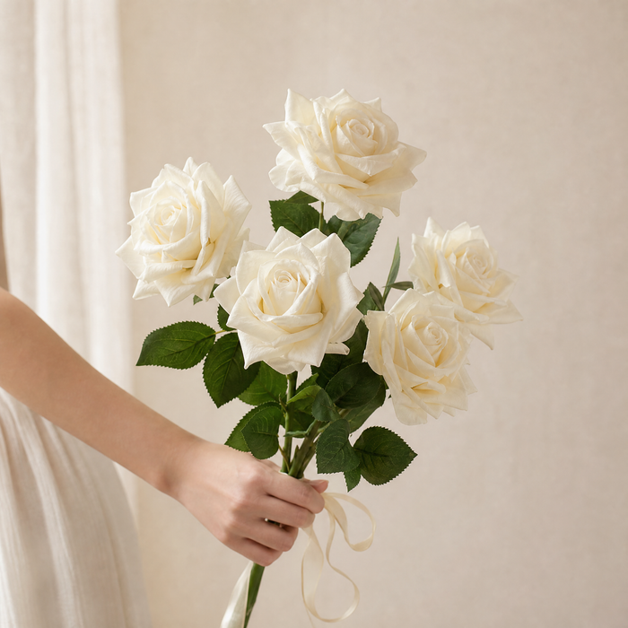 Faux Rose Stems Set of 5 – Real Touch Silk, Bridal Bouquet, Home Floral Decor