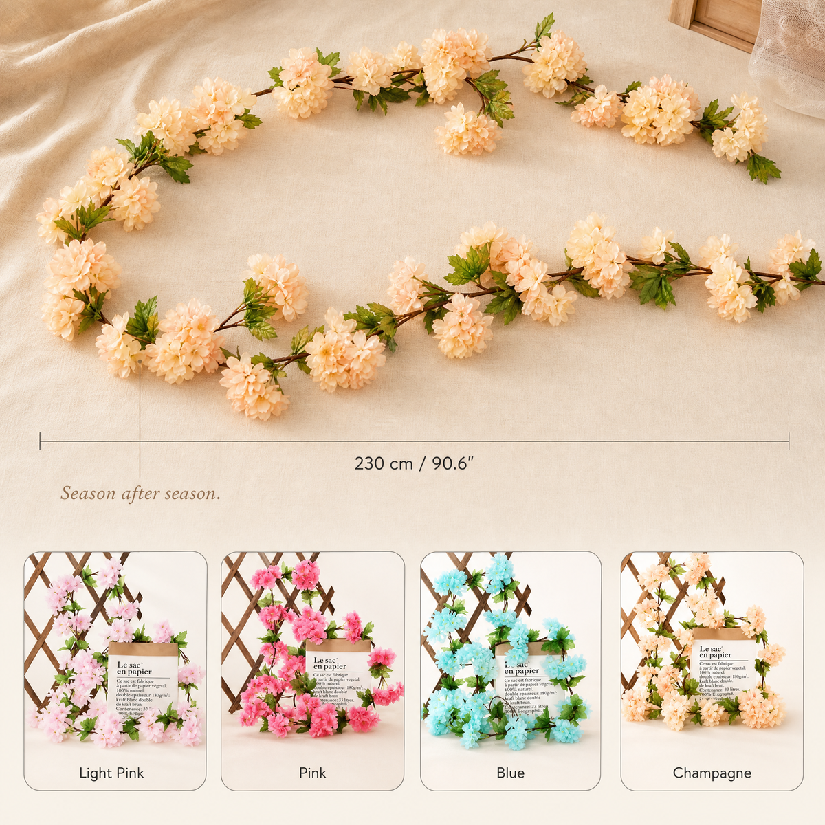 Faux Cherry Blossom Vine – 230cm Silk Floral Garland for Wedding Arch Home Decor