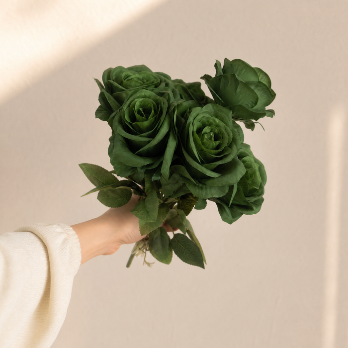 Dark Green Silk Rose Bouquet – 9 Heads Faux Roses for Wedding and Home Decor