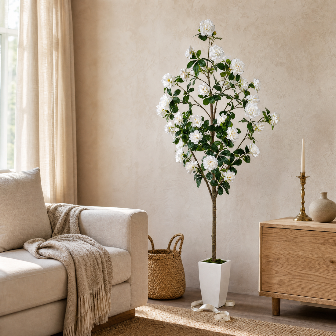 Artificial Peony Tree with Pot – White Faux Flower Tree Indoor Living Room Decor