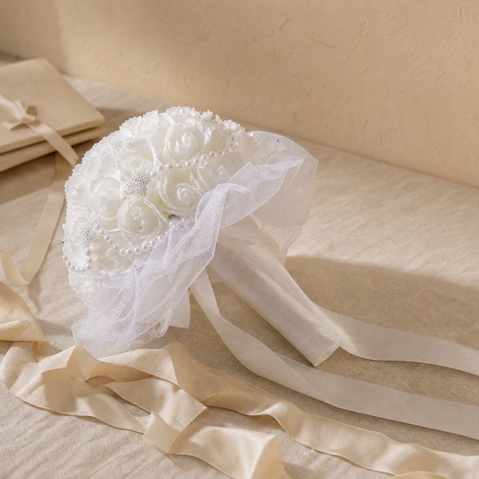 Faux Rose Bridal Bouquet – Pearl Detail Tulle Wrap White Wedding Flowers Bride