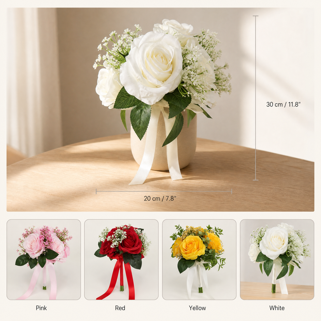 Faux Rose Bouquet with Gypsophila – Silk Wedding Flowers Home Table Decor