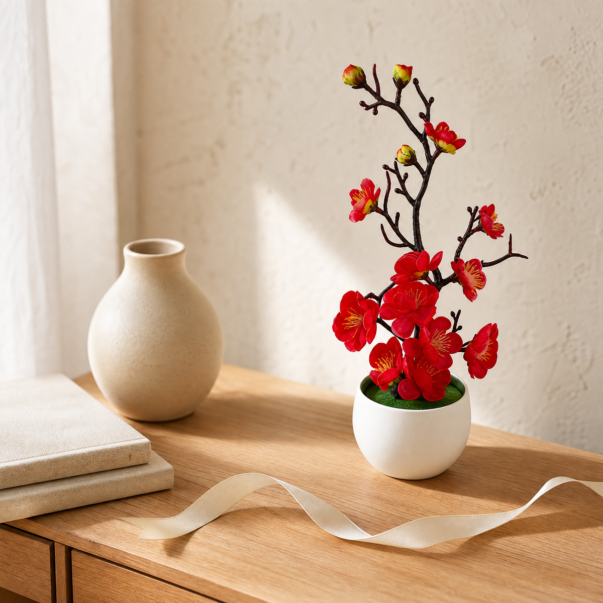 Faux Plum Blossom Bonsai – Silk Flower Potted Tree, Desk Decor, Home or Wedding