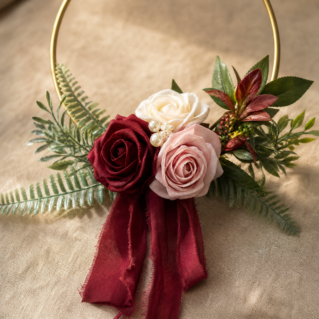 Gold Hoop Bouquet – Faux Rose Bridesmaid Floral Ring Wedding Ceremony Decor