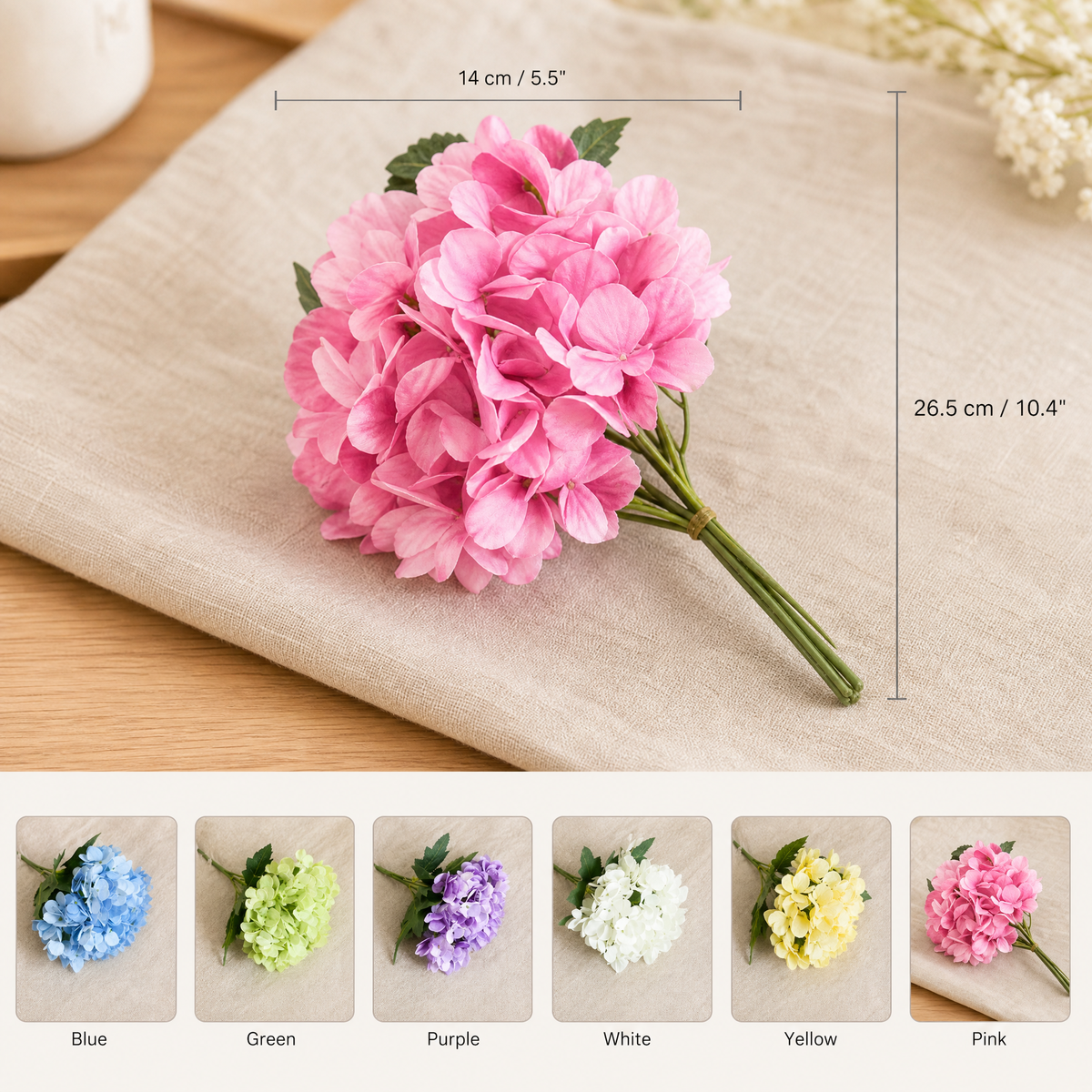 Silk Hydrangea Bouquet – Faux Floral Arrangement for Wedding Home Decor Table